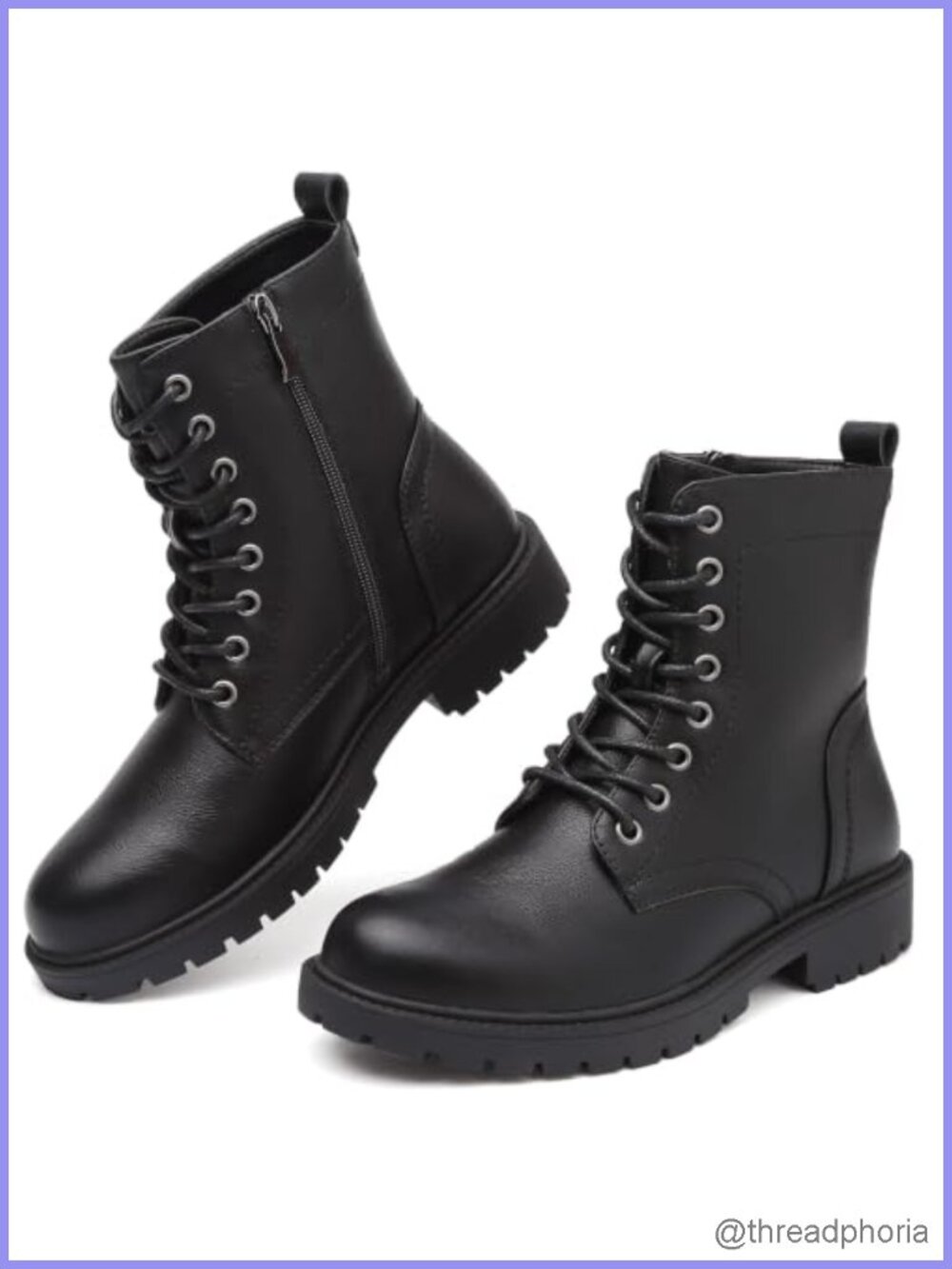 PU Leather Combat Boots Lace Up Side Zipper Low Heel Ankle Booties